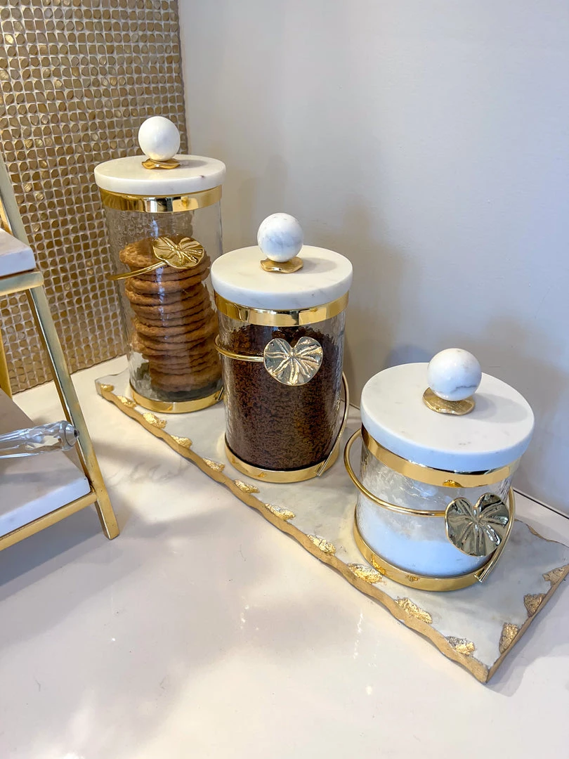Inspire Me! Home Decor Glass Canister With Gold Leaf Design & Marble Lid (3 Sizes) 3 Inspire Me! Home Decor Glass Canister With Gold Leaf Design & Marble Lid (3 Sizes)