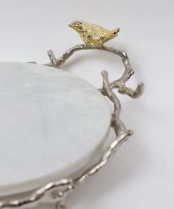 Inspire Me! Home Decor Round Marble Tray With Gold Branch & Bird Details 13 Inspire Me! Home Decor Round Marble Tray With Gold Branch & Bird Details