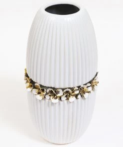 Inspire Me! Home Decor White Linear Ceramic Vase With Gold Floral Detail