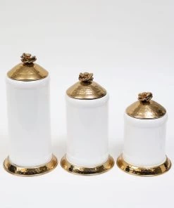Inspire Me! Home Decor White Ceramic Jars With Gold Flower Lid (3 Sizes)