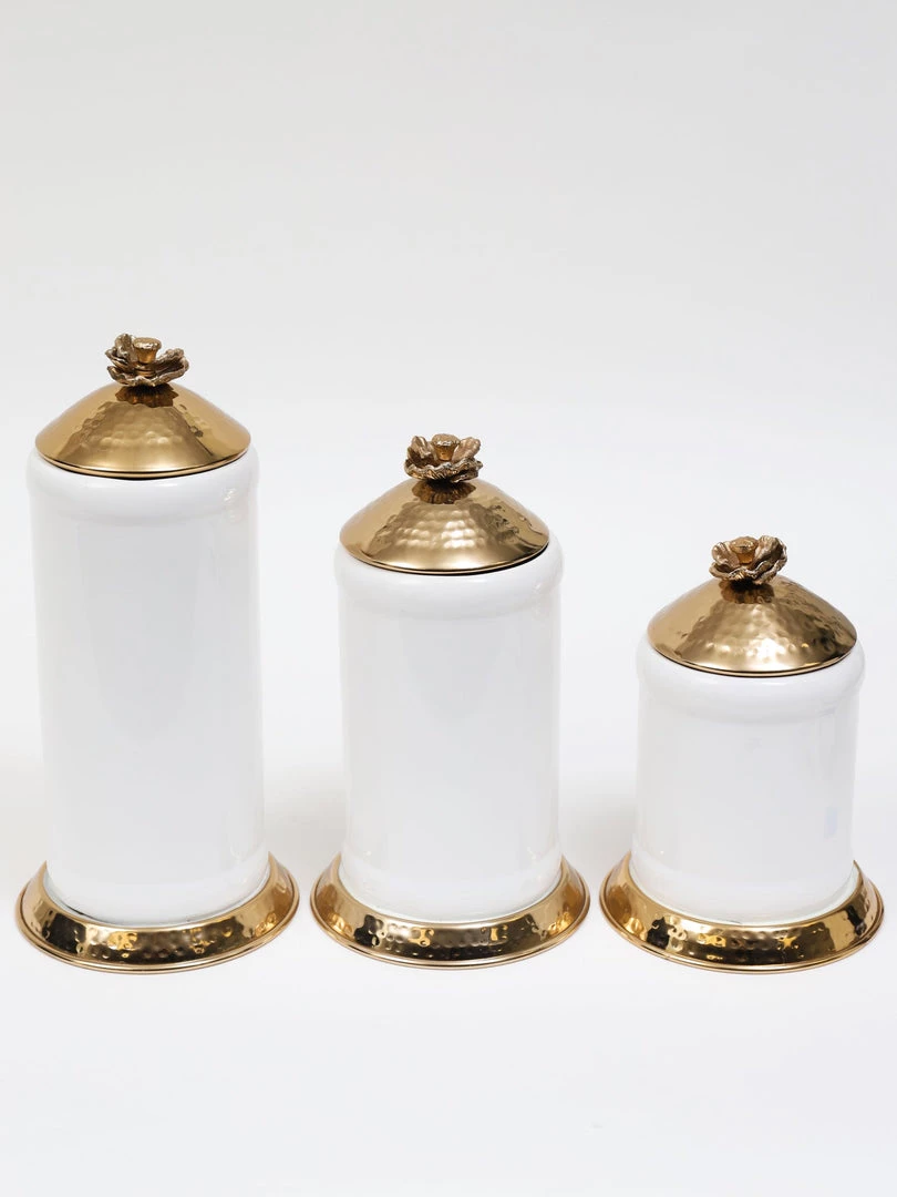 Inspire Me! Home Decor White Ceramic Jars With Gold Flower Lid (3 Sizes) 4 Inspire Me! Home Decor White Ceramic Jars With Gold Flower Lid (3 Sizes)