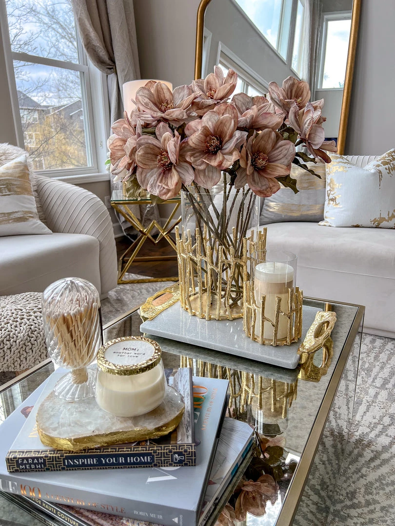 Inspire Me! Home Decor Glass Hurricane/Faux Floral Vase With Gold Twig Design (3 Sizes) 3 Inspire Me! Home Decor Glass Hurricane/Faux Floral Vase With Gold Twig Design (3 Sizes)