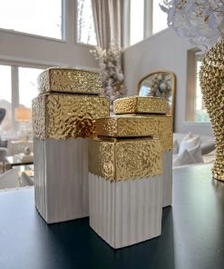 Inspire Me! Home Decor White Hammered Jar With Gold Border & Lid (3 Sizes) 10 Inspire Me! Home Decor White Hammered Jar With Gold Border & Lid (3 Sizes)