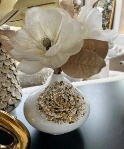 Inspire Me! Home Decor White Ceramic Vase With Gold Flower Design