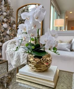 Inspire Me! Home Decor White Potted Faux Orchid In Gold Beveled Pot