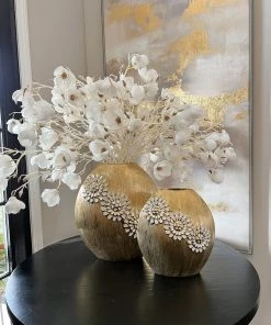 Inspire Me! Home Decor Round Textured Ceramic Gold Vase With White Flower Design (2 Sizes)