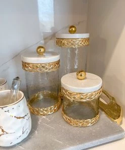 Inspire Me! Home Decor Glass Canister With Gold Lattice Design And Marble And Gold Lid (3 Sizes)