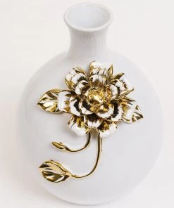 Inspire Me! Home Decor White Ceramic Vase With Gold Textured Flower Design