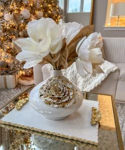 Inspire Me! Home Decor White Ceramic Vase With Gold Flower Design