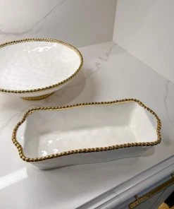 Inspire Me! Home Decor Gold And White Beaded Loaf Baking Dish