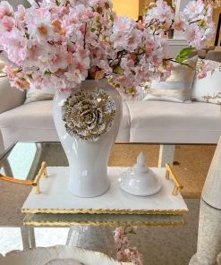 Inspire Me! Home Decor Rectangle Marble Tray With Gold Handles & Hammered Gold Edge