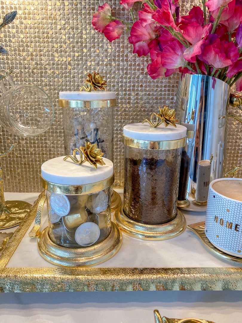 Inspire Me! Home Decor Gold Or Silver Canisters With Floral Lotus Lid (2 Colors) 5 Inspire Me! Home Decor Gold Or Silver Canisters With Floral Lotus Lid (2 Colors)