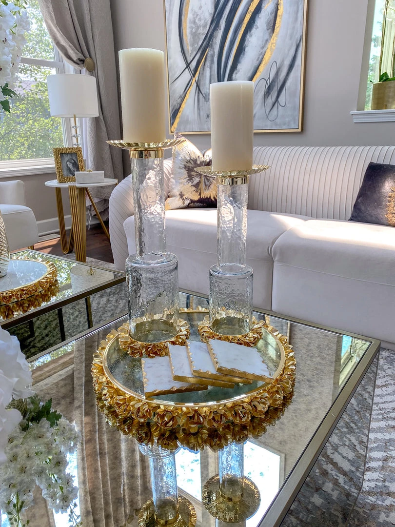 Inspire Me! Home Decor Glass Candle Holder With Gold Metal Floral Details (2 Sizes) 3 Inspire Me! Home Decor Glass Candle Holder With Gold Metal Floral Details (2 Sizes)