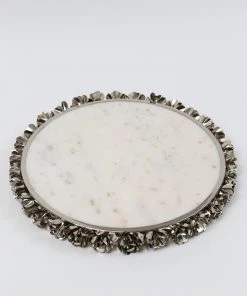 Inspire Me! Home Decor Round Marble Tray With Silver Floral Edge