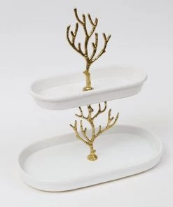 Inspire Me! Home Decor White Ceramic Two Tier Cake Stand With Gold Textured Details " From Pops Of Color Home Collection"