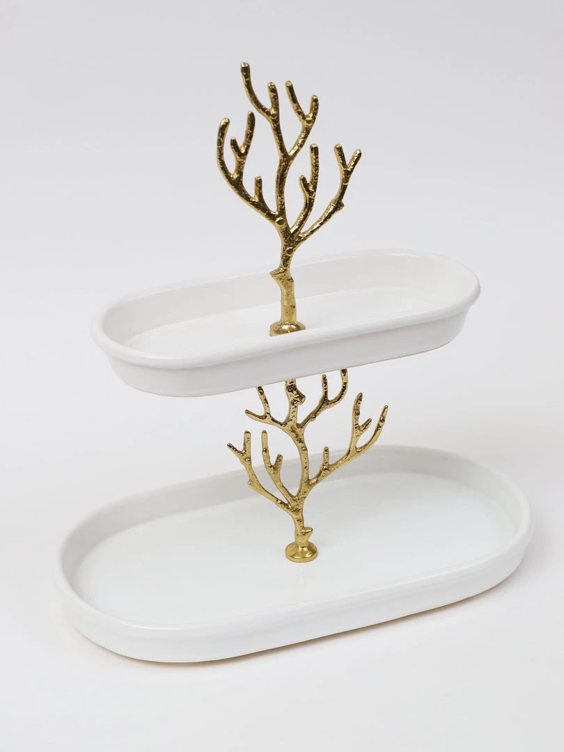 Inspire Me! Home Decor White Ceramic Two Tier Cake Stand With Gold Textured Details " From Pops Of Color Home Collection" 4 Inspire Me! Home Decor White Ceramic Two Tier Cake Stand With Gold Textured Details " From Pops Of Color Home Collection"