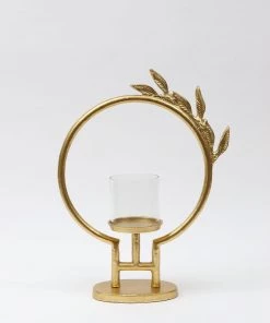 Inspire Me! Home Decor Golden Circle Leaf Design Hurricane Candle Holder (2 Sizes) " From Pops Of Color Home Collection" 15 Inspire Me! Home Decor Golden Circle Leaf Design Hurricane Candle Holder (2 Sizes)