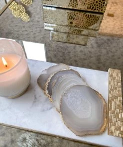 Inspire Me! Home Decor Beige Stone Agate Coasters W/ Gold Edge ( Set Of 4)