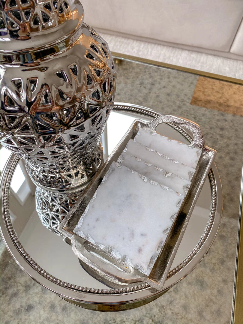 Inspire Me! Home Decor Marble Coasters W/ Silver Trim And Tray Set 3 Inspire Me! Home Decor Marble Coasters W/ Silver Trim And Tray Set