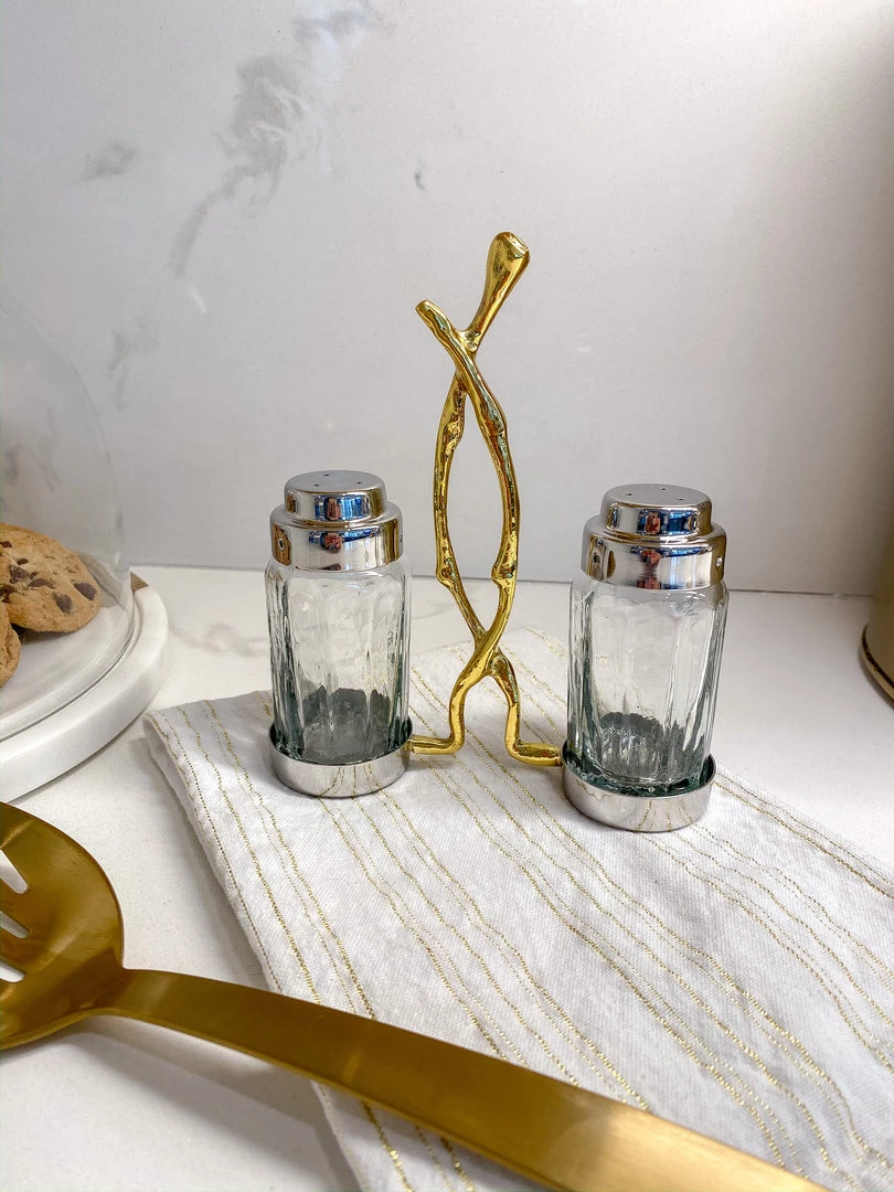 Inspire Me! Home Decor Glass Salt & Pepper Shakers W/ Gold Metal Branch Holder 3 Inspire Me! Home Decor Glass Salt & Pepper Shakers W/ Gold Metal Branch Holder