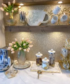 Inspire Me! Home Decor Gold Or Silver Metal Floral Glass Canisters With Marble Lid-With Metal Rim (3 Sizes) (2 Colors)