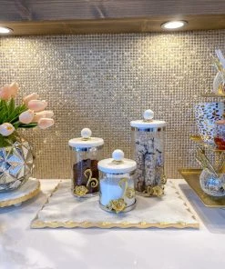 Inspire Me! Home Decor Gold Or Silver Metal Floral Glass Canisters With Marble Lid-With Metal Rim (3 Sizes) (2 Colors)