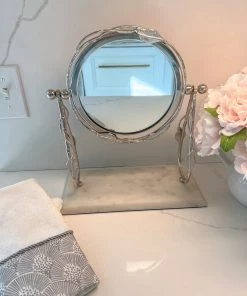 Inspire Me! Home Decor Round Table Mirror With Leaf Design Border And Marble Base (2 Colors) Gold