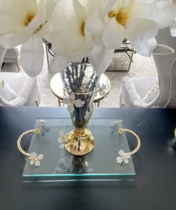 Inspire Me! Home Decor Large Rectangular Glass Tray With White Jeweled Flower Details