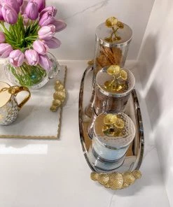 Inspire Me! Home Decor Silver Oval Tray With Gold Floral Handles