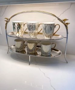 Inspire Me! Home Decor Two-Tiered Silver Stand With Gold Floral Details