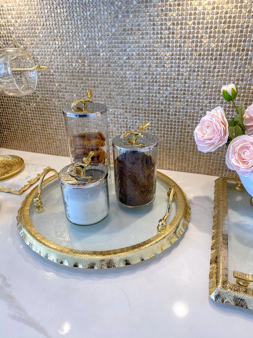 Inspire Me! Home Decor Hammered Glass Canister W/ Gold Bird Lid ( 3 Sizes Available) 10 Inspire Me! Home Decor Hammered Glass Canister W/ Gold Bird Lid ( 3 Sizes Available)