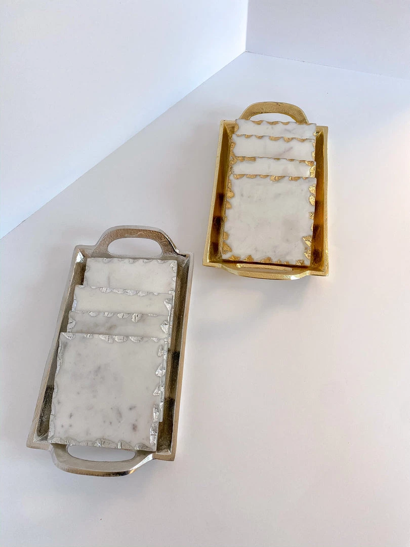 Inspire Me! Home Decor Marble Coasters W/ Silver Trim And Tray Set 4 Inspire Me! Home Decor Marble Coasters W/ Silver Trim And Tray Set