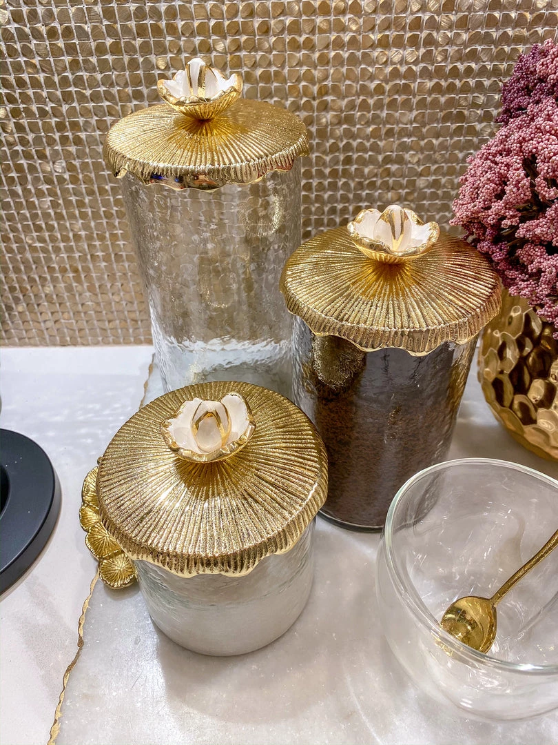 Inspire Me! Home Decor Glass Canister With Metal Floral Lid (3 Sizes) (2 Colors) 7 Inspire Me! Home Decor Glass Canister With Metal Floral Lid (3 Sizes) (2 Colors)