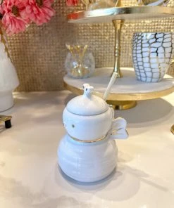 Inspire Me! Home Decor White Honey Bee Jar With Wood Dipper