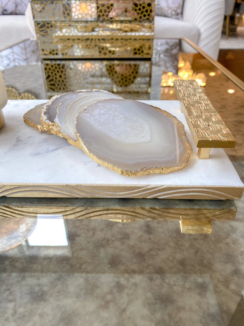 Inspire Me! Home Decor Beige Stone Agate Coasters W/ Gold Edge ( Set Of 4) 6 Inspire Me! Home Decor Beige Stone Agate Coasters W/ Gold Edge ( Set Of 4)