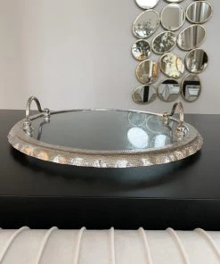 Inspire Me! Home Decor Large Round Glass Tray With Silver Handles And Ruffled Edge