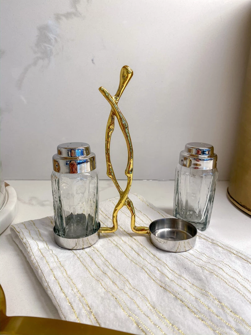 Inspire Me! Home Decor Glass Salt & Pepper Shakers W/ Gold Metal Branch Holder 4 Inspire Me! Home Decor Glass Salt & Pepper Shakers W/ Gold Metal Branch Holder
