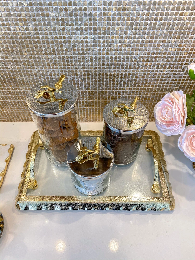 Inspire Me! Home Decor Hammered Glass Canister W/ Gold Bird Lid ( 3 Sizes Available) 6 Inspire Me! Home Decor Hammered Glass Canister W/ Gold Bird Lid ( 3 Sizes Available)