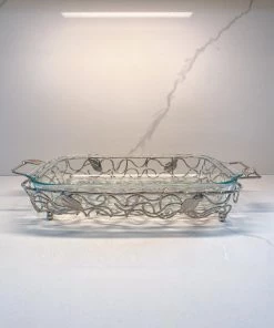 Inspire Me! Home Decor Rectangular Silver Handled Pyrex Holder With Leaf Design
