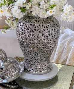 Inspire Me! Home Decor White Marble Round Lazy Susan W/ Silver Textured Edge