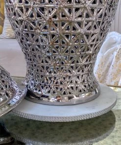 Inspire Me! Home Decor White Marble Round Lazy Susan W/ Silver Textured Edge