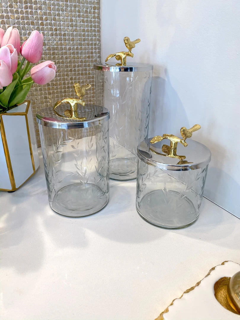 Inspire Me! Home Decor Hammered Glass Canister W/ Gold Bird Lid ( 3 Sizes Available) 9 Inspire Me! Home Decor Hammered Glass Canister W/ Gold Bird Lid ( 3 Sizes Available)