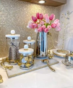 Inspire Me! Home Decor Gold Or Silver Metal Leaf Branch W/ Marble Ball Lid Canisters- With Metal Rim (3 Sizes & 2 Colors)