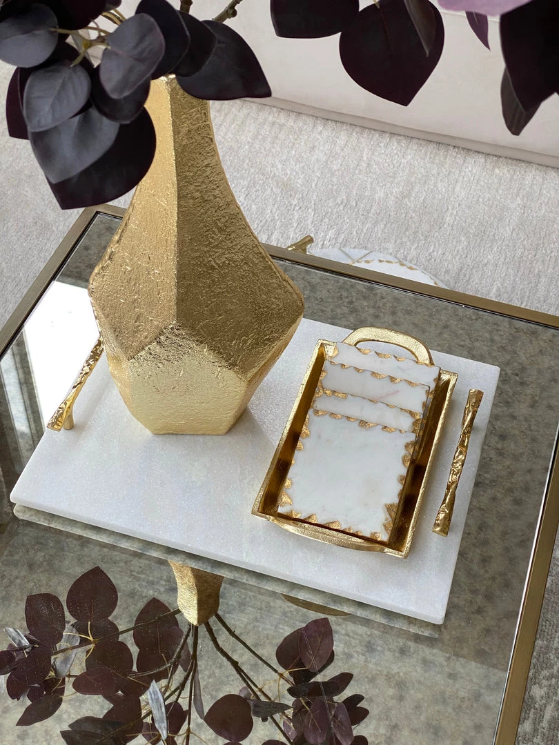 Inspire Me! Home Decor Marble Coasters W/ Gold Trim And Tray Set 12 Inspire Me! Home Decor Marble Coasters W/ Gold Trim And Tray Set