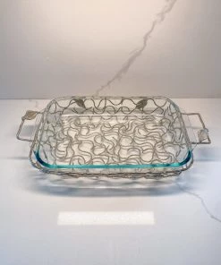 Inspire Me! Home Decor Rectangular Silver Handled Pyrex Holder With Leaf Design