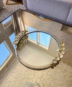 Inspire Me! Home Decor Large Round Decorative Mirror Tray With Gold Petal Handle Details