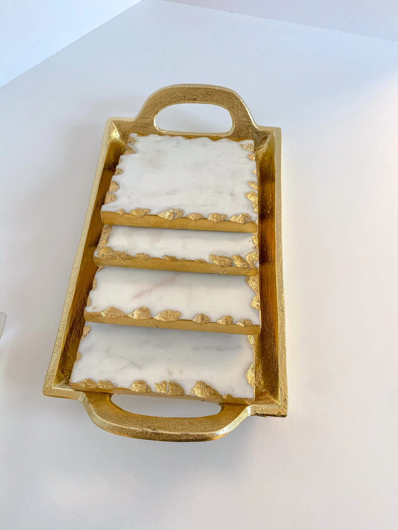 Inspire Me! Home Decor Marble Coasters W/ Gold Trim And Tray Set 5 Inspire Me! Home Decor Marble Coasters W/ Gold Trim And Tray Set