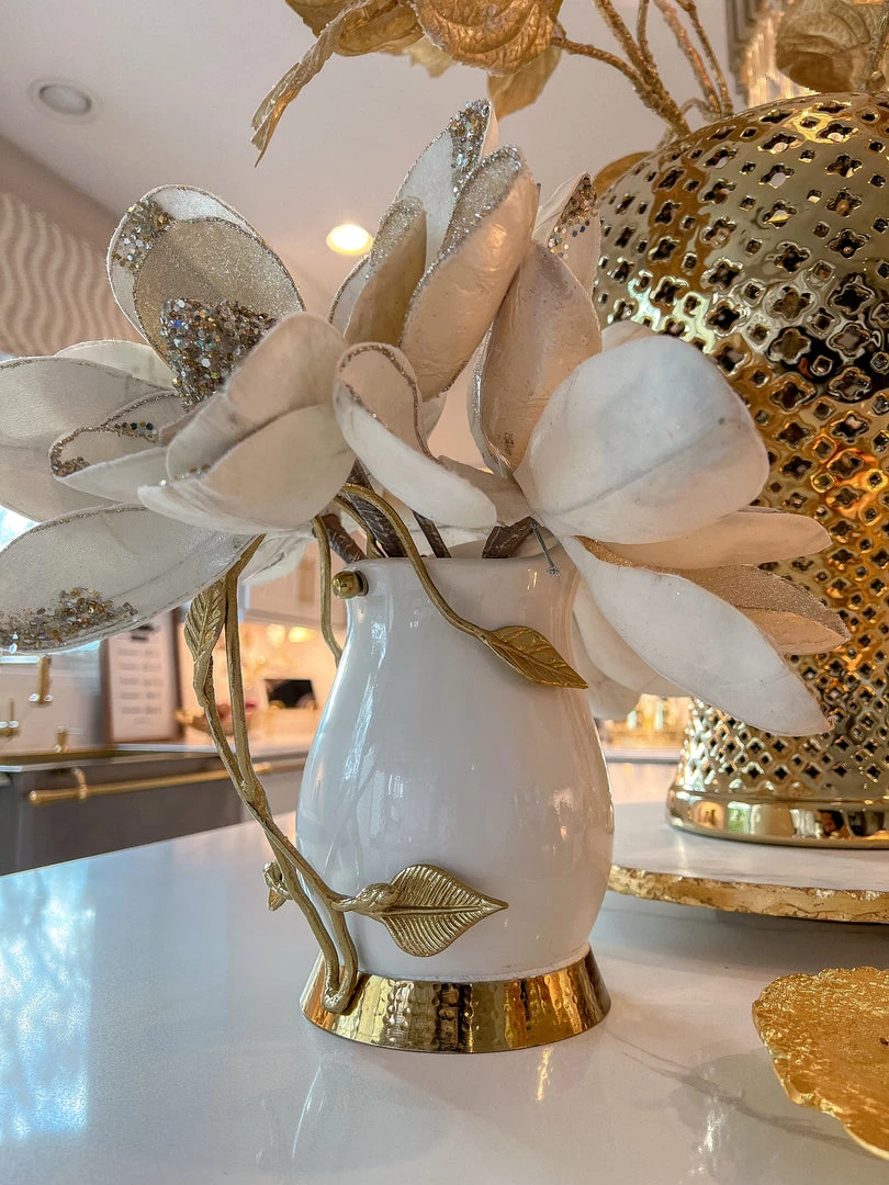 Inspire Me! Home Decor White Ceramic Pitcher With Gold Leaf Handle And Base 3 Inspire Me! Home Decor White Ceramic Pitcher With Gold Leaf Handle And Base