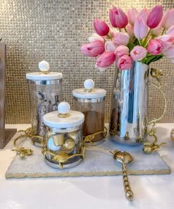 Inspire Me! Home Decor Gold Or Silver Metal Leaf Branch W/ Marble Ball Lid Canisters- With Metal Rim (3 Sizes & 2 Colors)