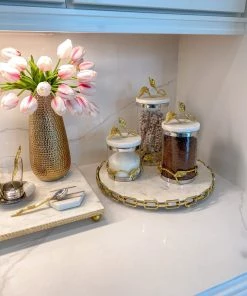 Inspire Me! Home Decor Marble And Gold Metal Leaf Branch Canisters- With Metal Rim (3 Sizes)